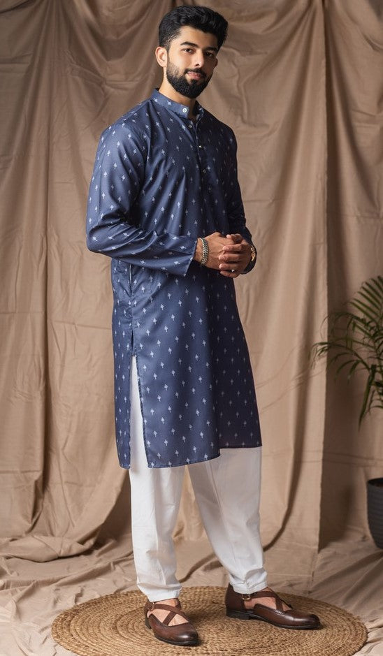 Dazzling Blue Color Linen Fabric Kurta Pajama