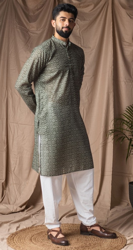 Dazzling Green Color Linen Fabric Kurta Pajama