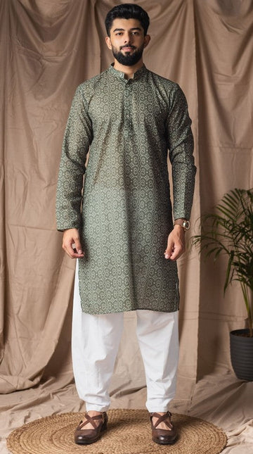 Dazzling Green Color Linen Fabric Kurta Pajama
