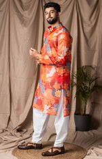 Dazzling Orange Color Linen Fabric Kurta Pajama