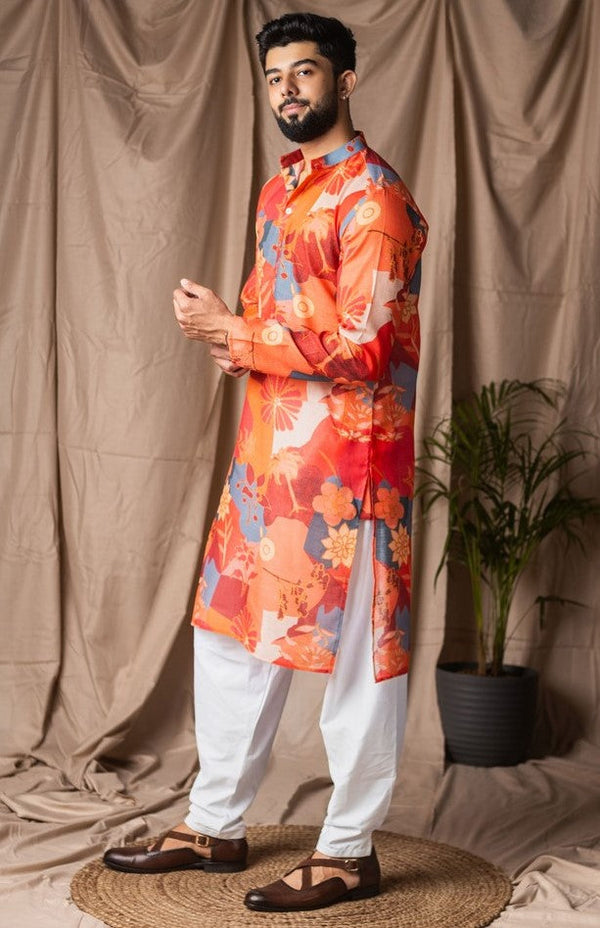 Dazzling Orange Color Linen Fabric Kurta Pajama