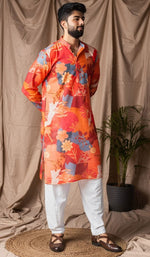 Dazzling Orange Color Linen Fabric Kurta Pajama