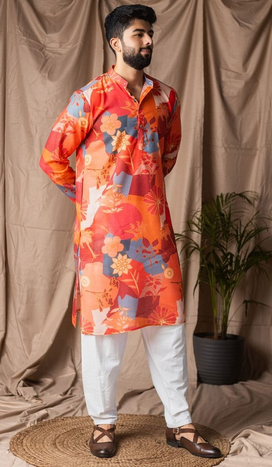 Dazzling Orange Color Linen Fabric Kurta Pajama