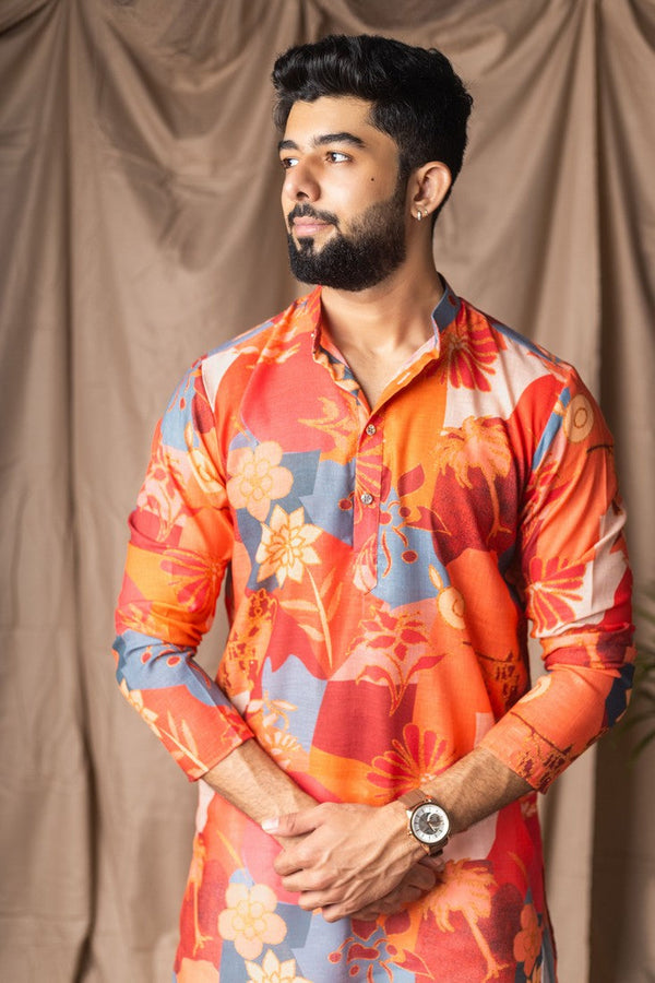 Dazzling Orange Color Linen Fabric Kurta Pajama