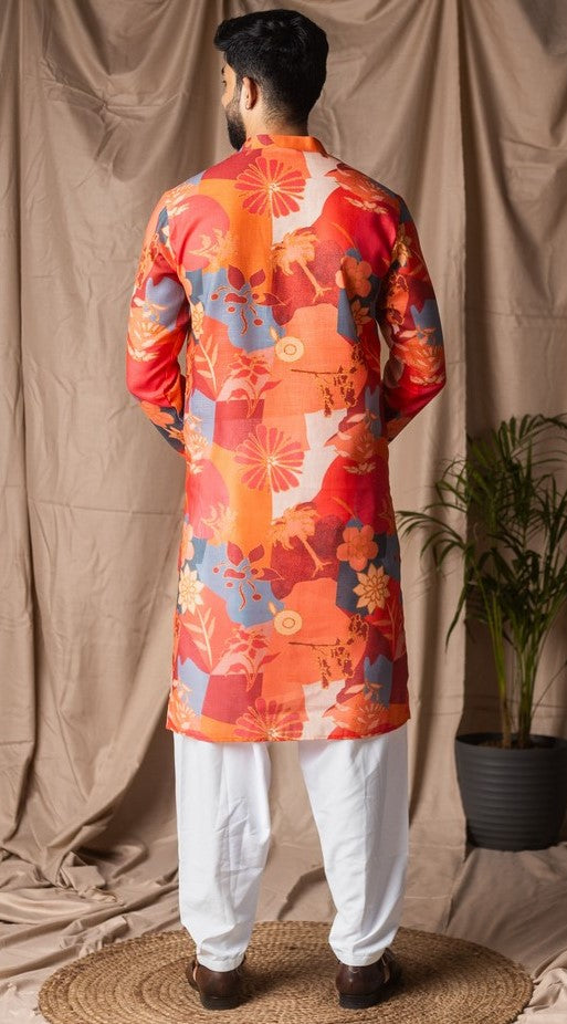Dazzling Orange Color Linen Fabric Kurta Pajama