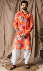 Dazzling Orange Color Linen Fabric Kurta Pajama