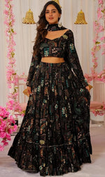 Magnetic Black Color Chinon Fabric Party Wear Lehenga