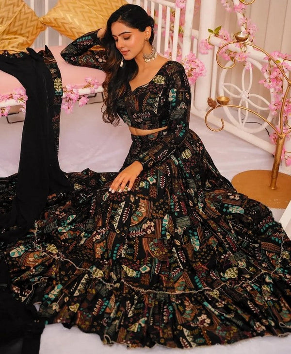 Magnetic Black Color Chinon Fabric Party Wear Lehenga