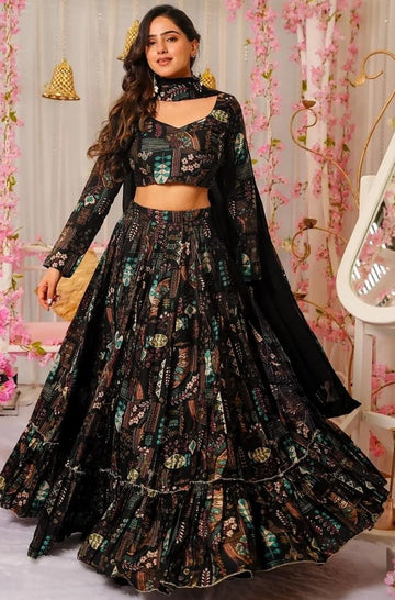 Magnetic Black Color Chinon Fabric Party Wear Lehenga