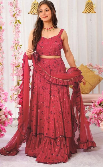 Magnetic Maroon Color Chinon Fabric Party Wear Lehenga