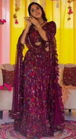 Magnetic Wine Color Chinon Fabric Party Wear Lehenga