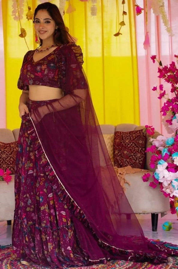 Magnetic Wine Color Chinon Fabric Party Wear Lehenga