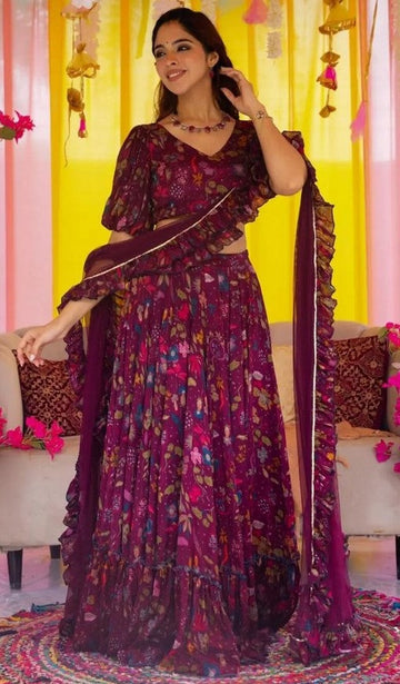 Magnetic Wine Color Chinon Fabric Party Wear Lehenga