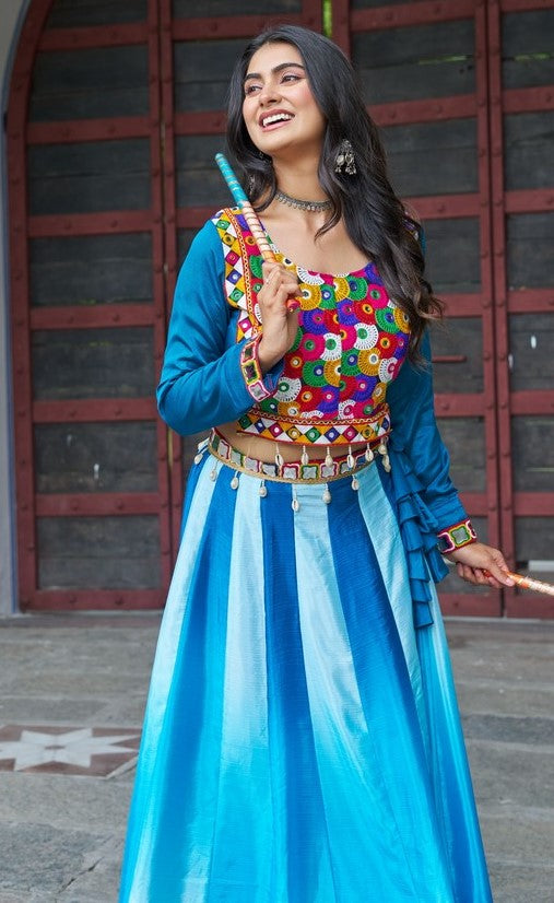 Alluring Blue Color Chinon Fabric Party Wear Lehenga