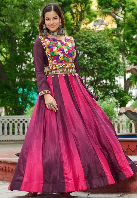 Alluring Wine Color Chinon Fabric Party Wear Lehenga