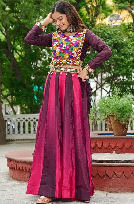 Alluring Wine Color Chinon Fabric Party Wear Lehenga