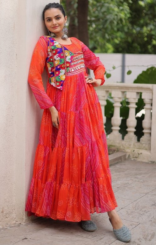 Striking Orange Color Georgette Fabric Gown