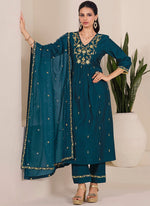 Amazing Teal Color Viscose Fabric Designer Suit