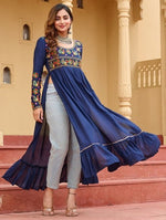 Dazzling Navy Blue Color Rayon Fabric Designer Kurti