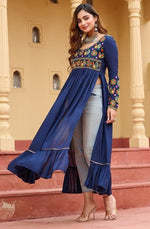 Dazzling Navy Blue Color Rayon Fabric Designer Kurti