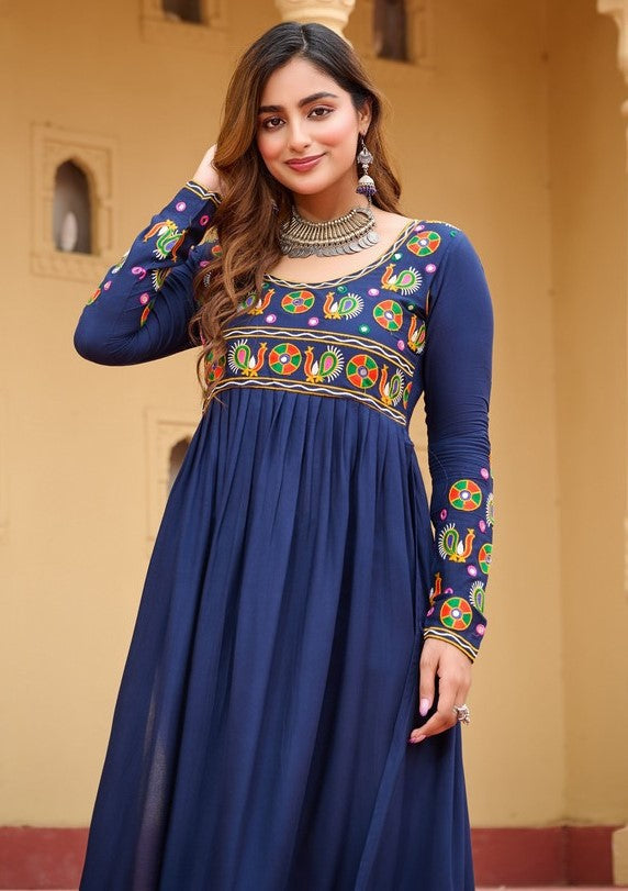 Dazzling Navy Blue Color Rayon Fabric Designer Kurti