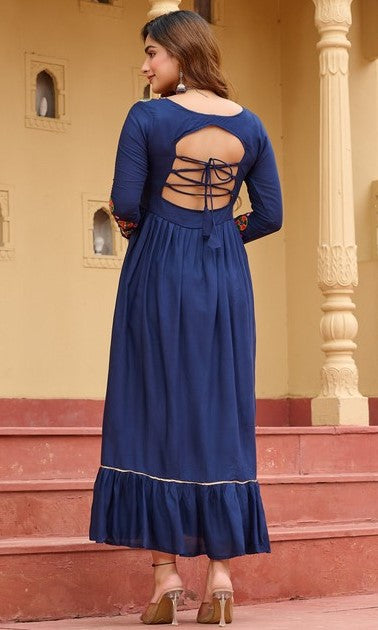 Dazzling Navy Blue Color Rayon Fabric Designer Kurti