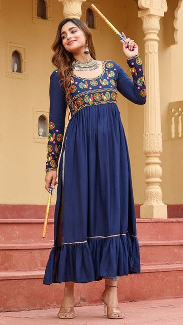 Dazzling Navy Blue Color Rayon Fabric Designer Kurti