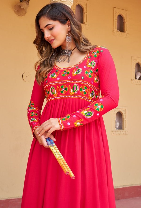 Dazzling Pink Color Rayon Fabric Designer Kurti