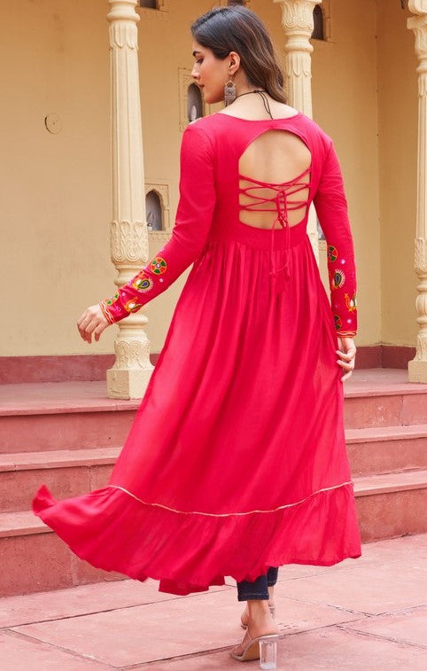 Dazzling Pink Color Rayon Fabric Designer Kurti