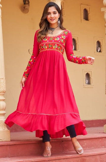 Dazzling Pink Color Rayon Fabric Designer Kurti