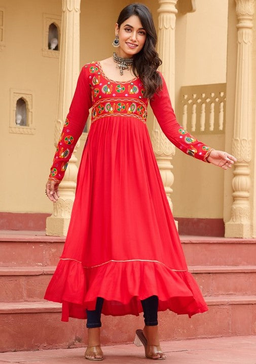 Dazzling Red Color Rayon Fabric Designer Kurti