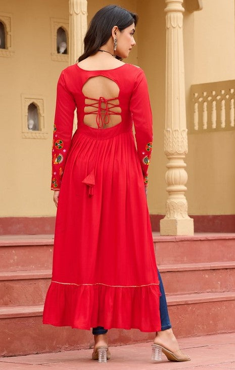 Dazzling Red Color Rayon Fabric Designer Kurti