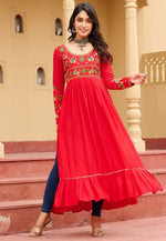 Dazzling Red Color Rayon Fabric Designer Kurti