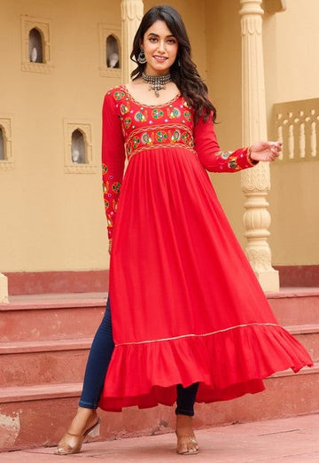 Dazzling Red Color Rayon Fabric Designer Kurti