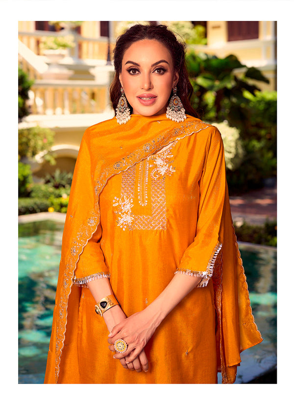 Amazing Yellow Color Shimmer Fabric Designer Suit