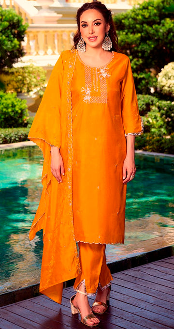 Amazing Yellow Color Shimmer Fabric Designer Suit