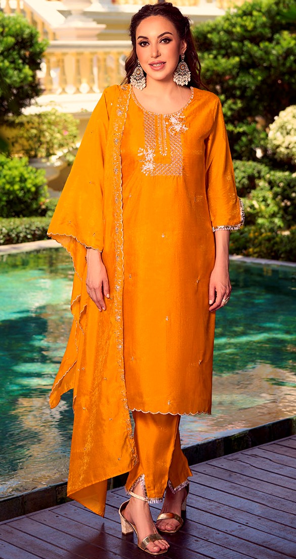 Amazing Yellow Color Shimmer Fabric Designer Suit