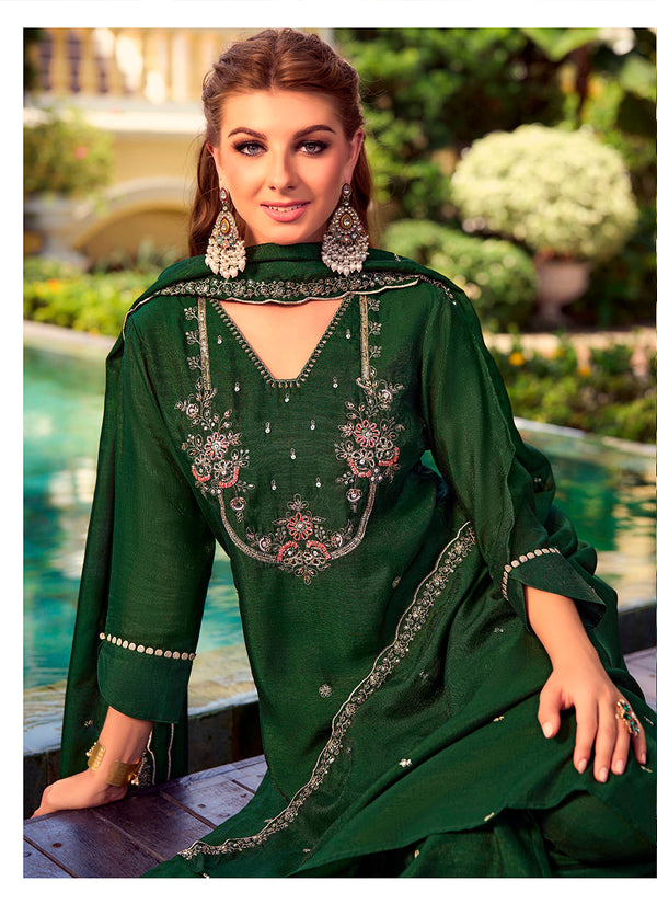 Amazing Green Color Shimmer Fabric Designer Suit
