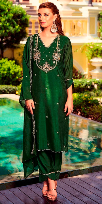 Amazing Green Color Shimmer Fabric Designer Suit