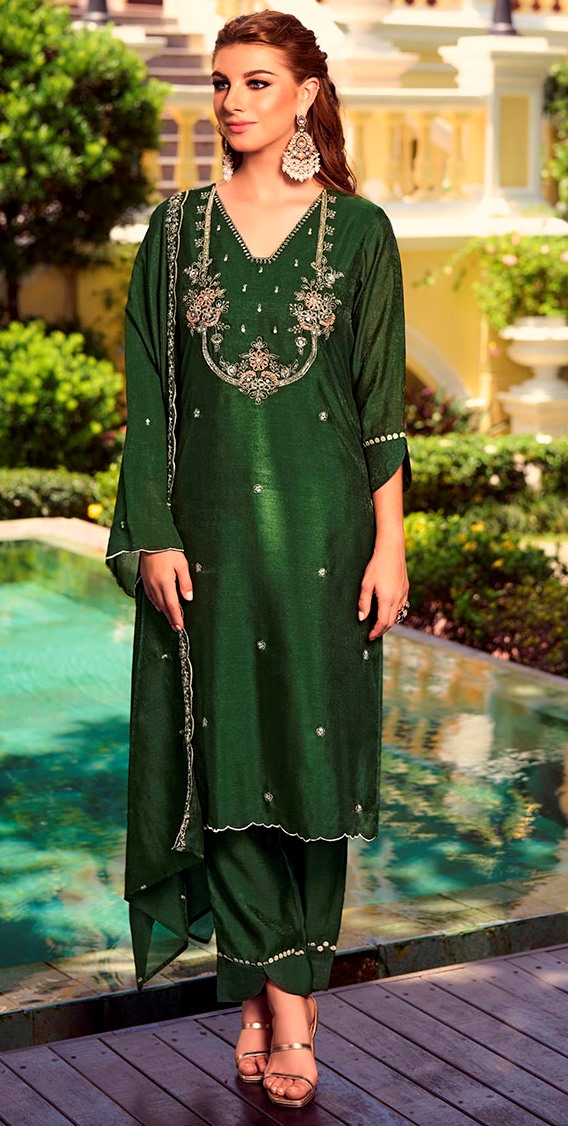 Amazing Green Color Shimmer Fabric Designer Suit