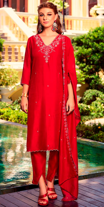 Amazing Red Color Shimmer Fabric Designer Suit
