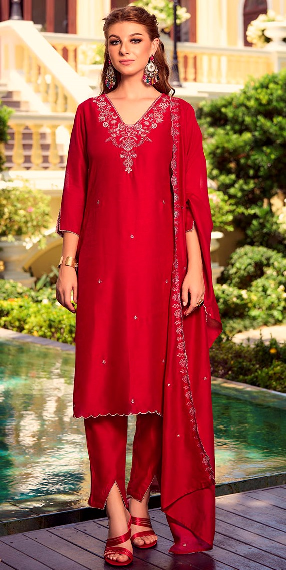 Amazing Red Color Shimmer Fabric Designer Suit