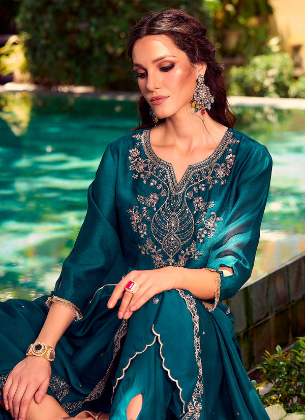 Amazing Teal  Color Shimmer Fabric Designer Suit