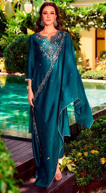 Amazing Teal  Color Shimmer Fabric Designer Suit