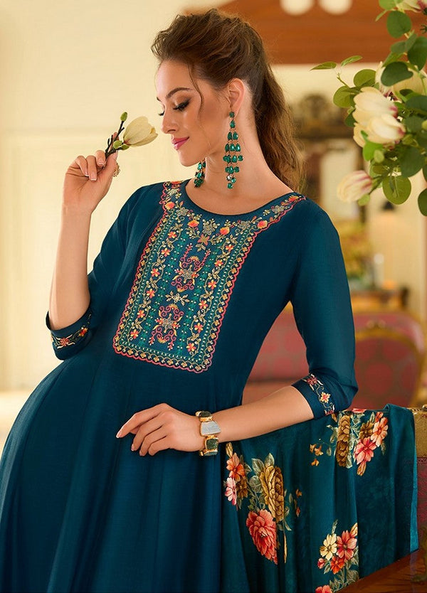 Pretty Navy Blue Color Vichitra Fabric Designer Suit