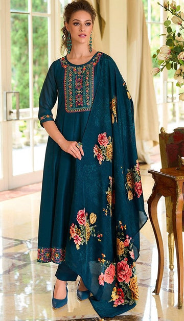 Pretty Navy Blue Color Vichitra Fabric Designer Suit