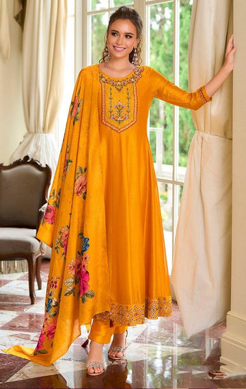 Pretty Yellow Color Vichitra Fabric Designer Suit