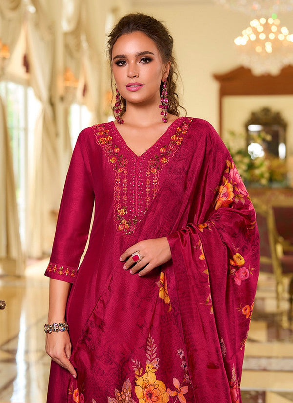 Pretty Maroon Color Vichitra Fabric Designer Suit