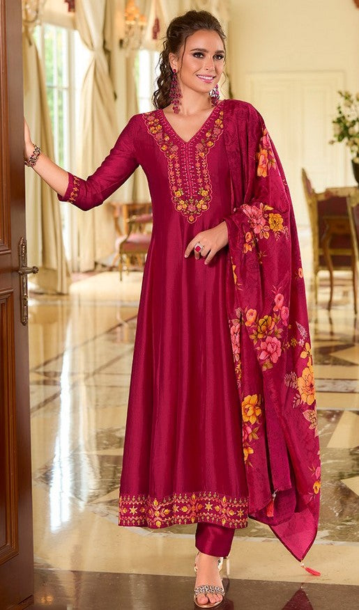Pretty Maroon Color Vichitra Fabric Designer Suit