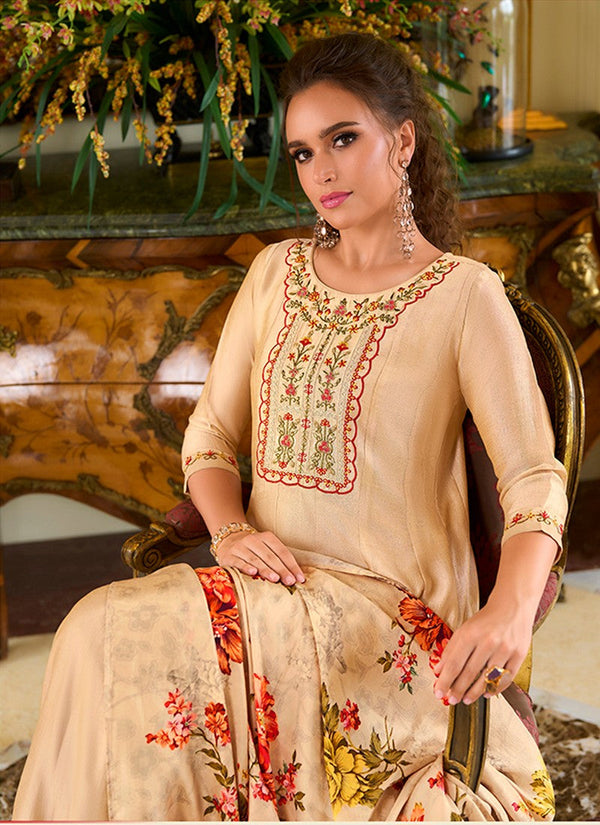 Pretty Beige Color Vichitra Fabric Designer Suit